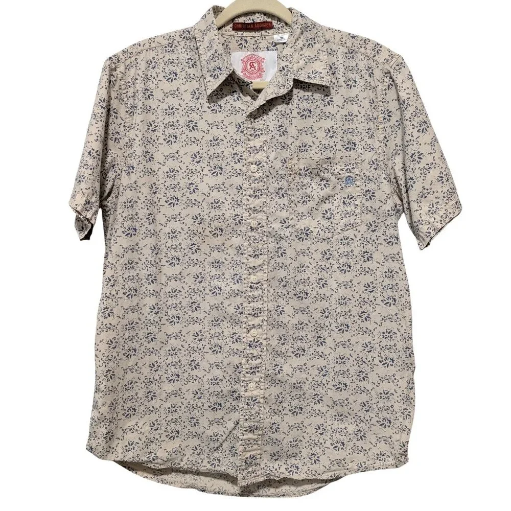 Christian Audigier Mens Size L White Blue Abstract Floral S/S Button Up Shirt - Picture 2 of 11